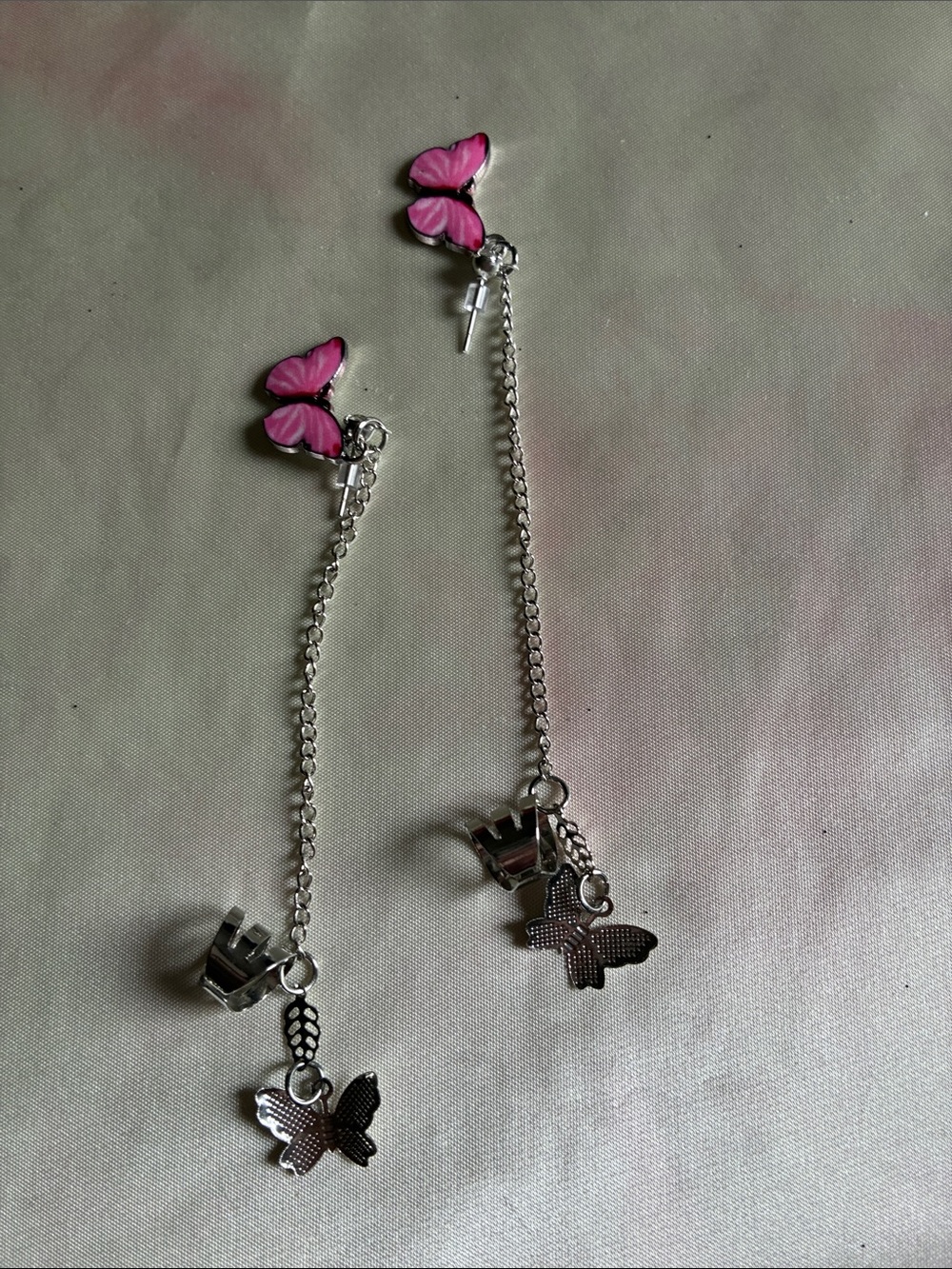 Pink Butterfly Dangle Earrings - Silver Tone